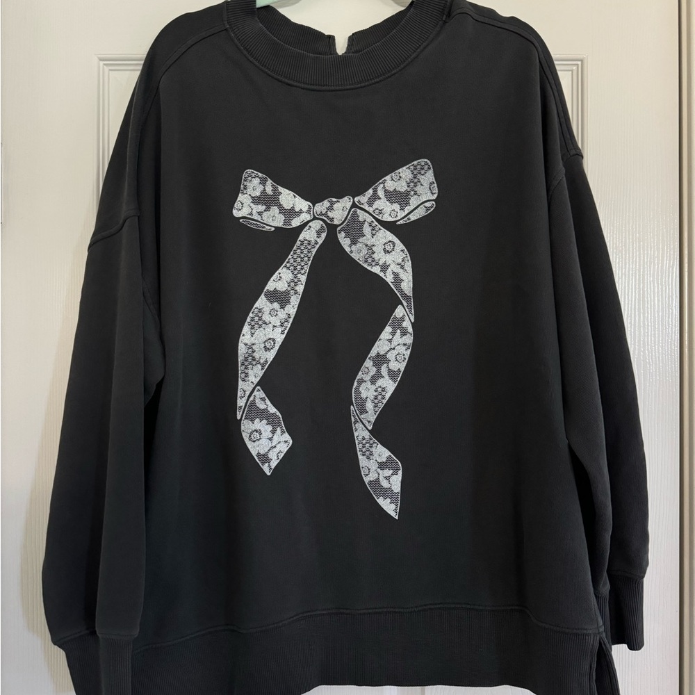 Aerie Black Sweatshirt with Floral Bow Design